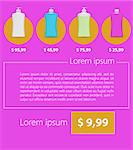 Flat vector illustration of set of colored liquid soap buttles with example text and price on purple background.