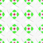 Seamless abstract background of white 3d shapes with realistic shadow and cut out of paper effect. White geometrical ornament with green and pink.