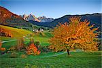 Beautiful St. Magdalena village in a gorgeous Funes Valley located in Italian Alps during autumn sunset.