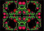 Illustration of abstract  floral ornament in red, pink and green colors on black background