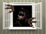 Monster in open window. 3d render