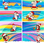 Cartoon Illustration of Greeting Cards with Santa Claus or Papa Noel and Christmas Celebration Themes Set