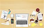 Realistic workplace organization. Top view with textured table, laptop, connected smartphone, notepad, stickers, glasses, cd disk, diary and coffee mug