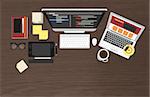 Realistic workplace organization. Top view with textured table, computer, laptop, smartphone, graphic tablet, stickers, glasses, cd disk, diary and coffee mug