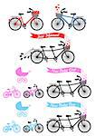 Baby shower with tandem bicycle and children's bike and buggy, vector set