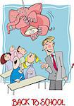 Cartoon Humorous Illustration of Teenagers Students in the Classroom with Angry Teacher and Elephant on the Lamp