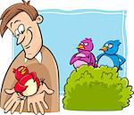 Cartoon Humor Concept Illustration of A Bird in the Hand is Worth Two in the Bush Saying or Proverb