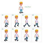 Animation of boy walking. Eight walking frames + 1 static pose. Vector cartoon isolated character/frames.