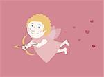 Flying cupid with a golden arrow and surrounded by hearts