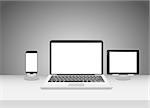 Realistic workplace template. Front view with white table, laptop, smartphone and tablet pc