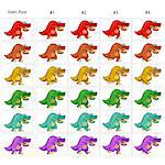 Animation of  six funny dinosaurs walking. Four walking frames + 1 static pose. Vector cartoon isolated character/frames.