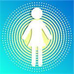 White vector woman icon on blue halftone background
