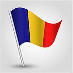 vector 3d waving romanian flag on pole - national symbol of Romania with inclined metal stick