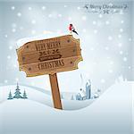 Christmas background with Wooden Plaque, Tree, Bullfinch and House. Vector Template for Cover, Flyer, Brochure.
