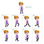Animation of girl walking. Eight walking frames + 1 static pose. Vector cartoon isolated character/frames.