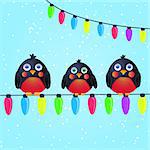 Cute Round Little Birds on Wire with Colorfull Christmas Light Bulbs. Cartoon New Year Illustration
