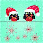 Birds in Cute Red Hat Seats on Wire. Christmas Season Greeting. Vector Illustration.