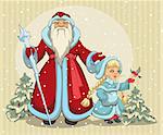 Russian Santa Claus. Grandfather Frost and Snow Maiden. Christmas card. Illustration in vector format