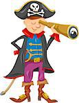 Cartoon Illustration of Funny Pirate or Corsair Captain Boy with Spyglass and Jolly Roger Sign