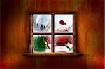 Santa delivery presents to village against window in wooden room