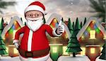 Cute cartoon santa claus against quaint town with bright moon