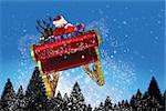 Santa flying his sleigh against snow falling on fir tree forest