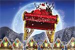 Santa flying his sleigh against quaint town with bright moon