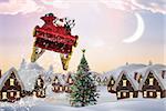 Santa flying his sleigh against cute christmas village with tree