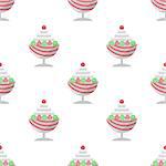 Seamless vector pattern with ice cream dessert with berries in cup in pastel colors on white background.