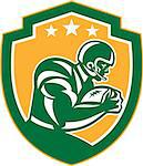 Illustration of an american football gridiron player holding ball running rushing viewed from the side set inside shield crest with stars done in retro style.
