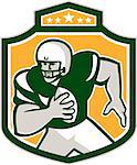Illustration of an american football gridiron quarterback qb player holding ball running viewed from the front set inside shield crest with stars done in retro style.