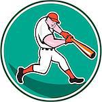 Illustration of an american baseball player batting set inside circle on isolated background done in cartoon style.