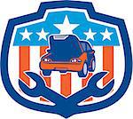 Illustration of a car being repaired with hood bonnet open and spanner set inside shield crest with american stars and stripes in the background done in retro style.