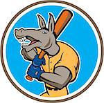 Illustration of a donkey baseball player holding bat on shoulder batting set inside circle on isolated background done in cartoon style.