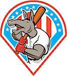 Illustration of a donkey baseball player holding bat on shoulder batting set inside diamond with american stars and stripes in the background done in cartoon style.