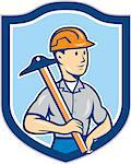 Illustration of an engineer architect draftsman standing holding t-square on shoulder looking to the side set inside shield crest on isolated background done in cartoon style.