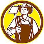 Illustration of organic farmer holding a grab hoe facing front set inside circle done in retro woodcut style.