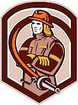 Illustration of a fireman fire fighter emergency worker folding arms with fire hose set inside shield crest on isolated background done in retro style.