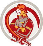 Illustration of a fireman fire fighter emergency worker standing folding arms with fire hose viewed from the side set inside circle on isolated background done in retro style.