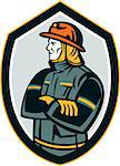 Illustration of a fireman fire fighter emergency worker arms folded looking to the side set inside shield crest on isolated background done in retro style.