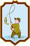 Illustration of a fly fisherman with fish on reel set inside shield crest shape on isolated background done in cartoon style.