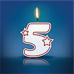Candle number 5 with flame - eps 10 vector illustration