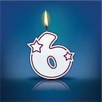 Candle number 6 with flame - eps 10 vector illustration