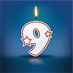 Candle number 9 with flame - eps 10 vector illustration