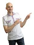 casual Man in polo t-shirt pointing to copy space