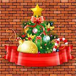 Christmas Tree with Candy, Fir Branches, Mistletoe and Gift in Red Ribbon on Brick Wall background, vector illustration.