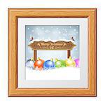 Christmas background with Wooden Plaque, Bullfinches and Bauble in Wooden Frame. Vector Template for Cover, Flyer, Brochure.