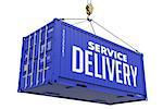 Service Delivery - Blue Cargo Container hoisted with hook Isolated on White Background.