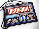 Insomnia - Diagnosis on the Display of Medical Tablet and a Black Stethoscope on White Background.