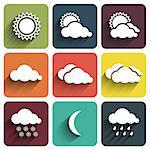 Flat design weather icons set on tiles. Vector Illustration
